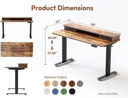 48 X 24 Inch Electric Height Adjustable Standing Desk with Double Drawers, 4 Adjustable Feet & 2 Hooks, Home Office Computer Workstation, Rustic Brown