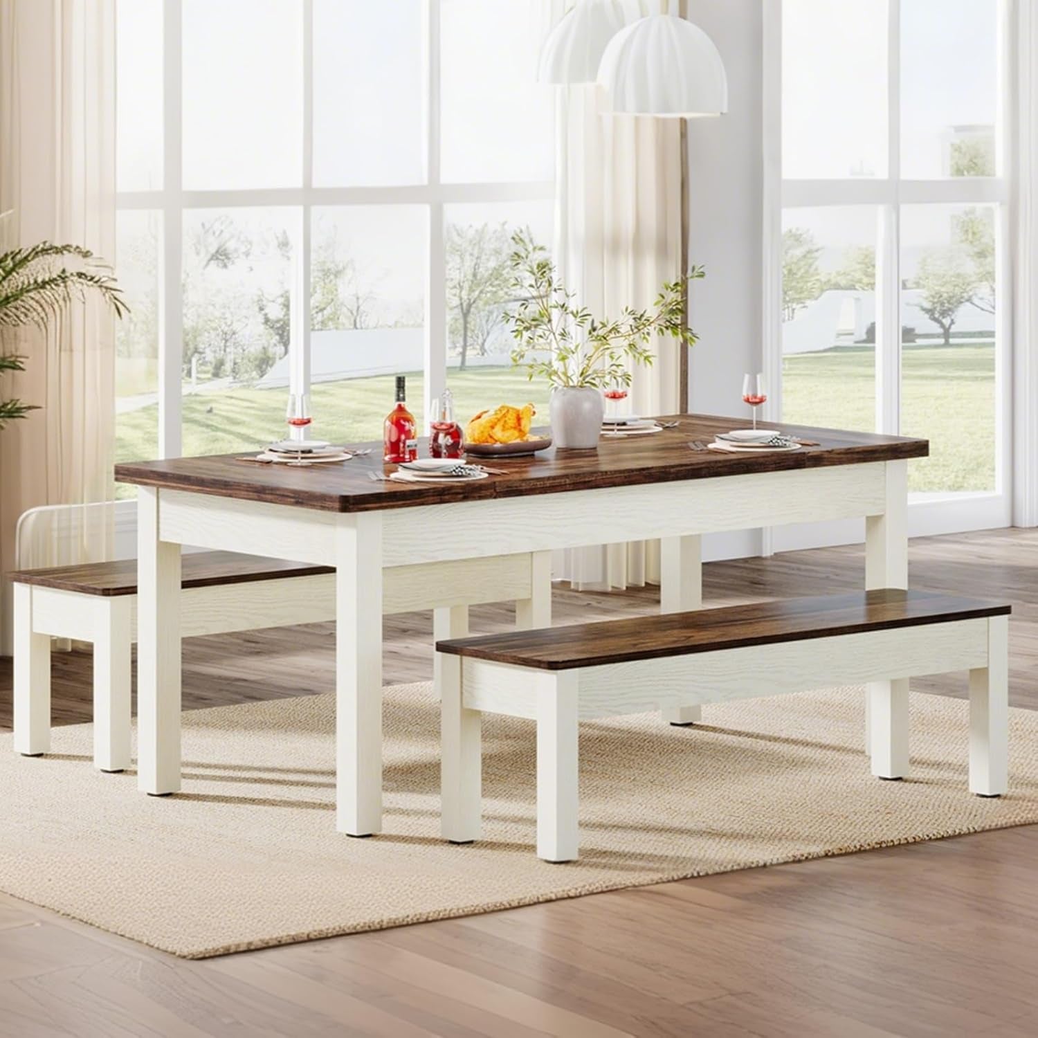 Farmhouse Kitchen Table Set for 4-6, 55-Inch Wooden Dining Table with 2 Benches, Space Saving 3 Pieces Heavy Duty Dinette for Dining Room, Kitchen, Small Space