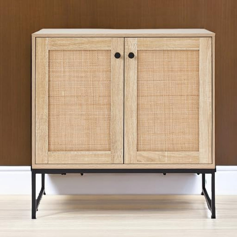 2-Door Rattan Storage Cabinet, Accent Furniture, Multifunctional Cupboard for Living Room, Hallway, Kitchen, Sideboard, Buffet Table W/Non-Scratch Foot Pads - Natural