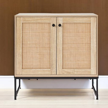 2-Door Rattan Storage Cabinet, Accent Furniture, Multifunctional Cupboard for Living Room, Hallway, Kitchen, Sideboard, Buffet Table W/Non-Scratch Foot Pads - Natural