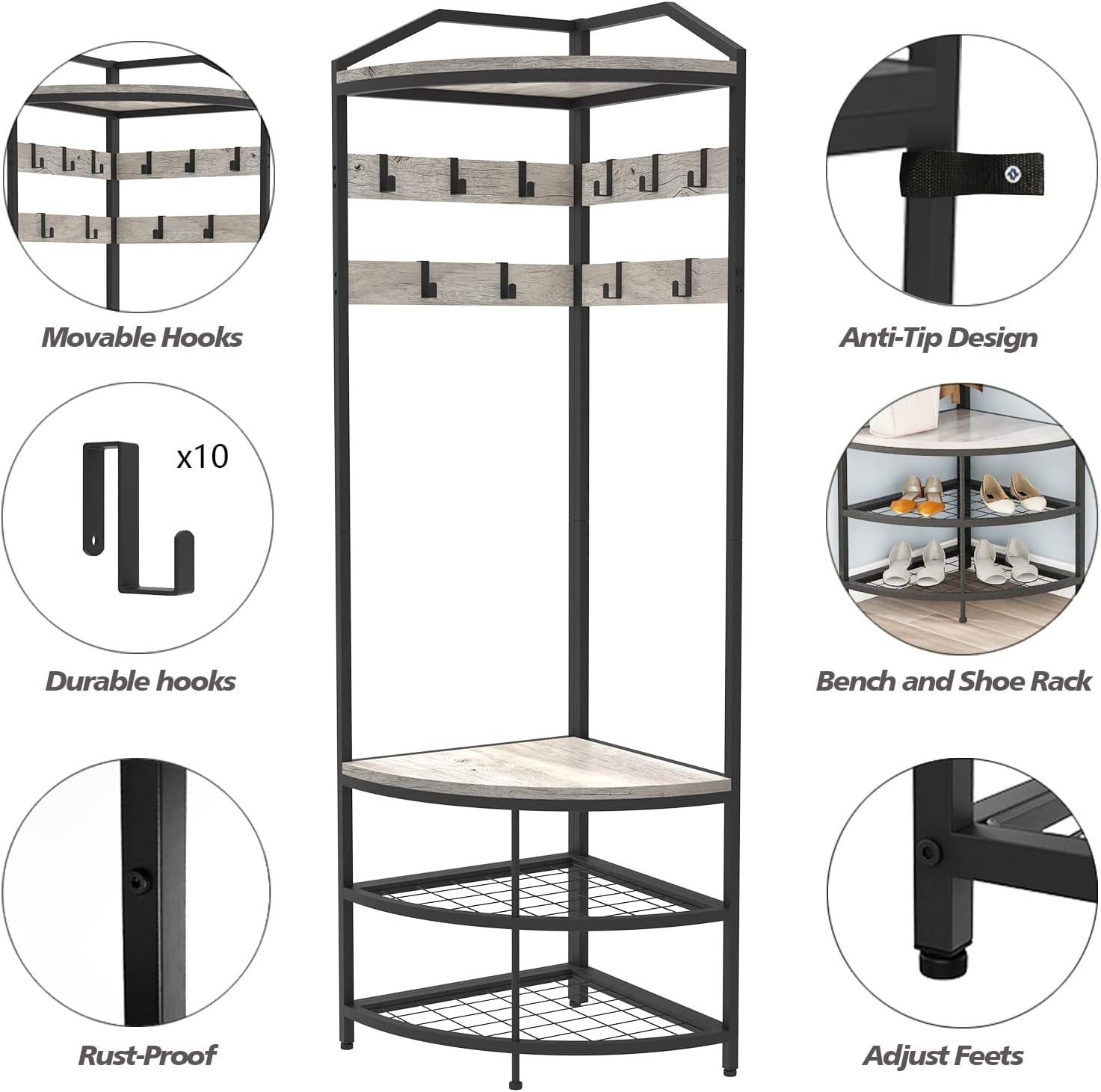 Grey Corner Hall Tree with Shoe Bench Entryway Coat Rack with 10 Metal Movable Hooks Rustic Farmhouse Floorstanding Clothes Rack Shoes Shelf Organizer for Home Office Bedroom (Greige)