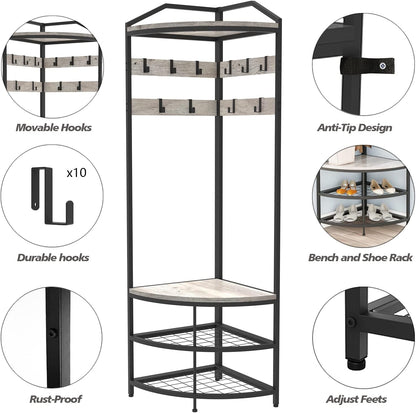 Grey Corner Hall Tree with Shoe Bench Entryway Coat Rack with 10 Metal Movable Hooks Rustic Farmhouse Floorstanding Clothes Rack Shoes Shelf Organizer for Home Office Bedroom (Greige)