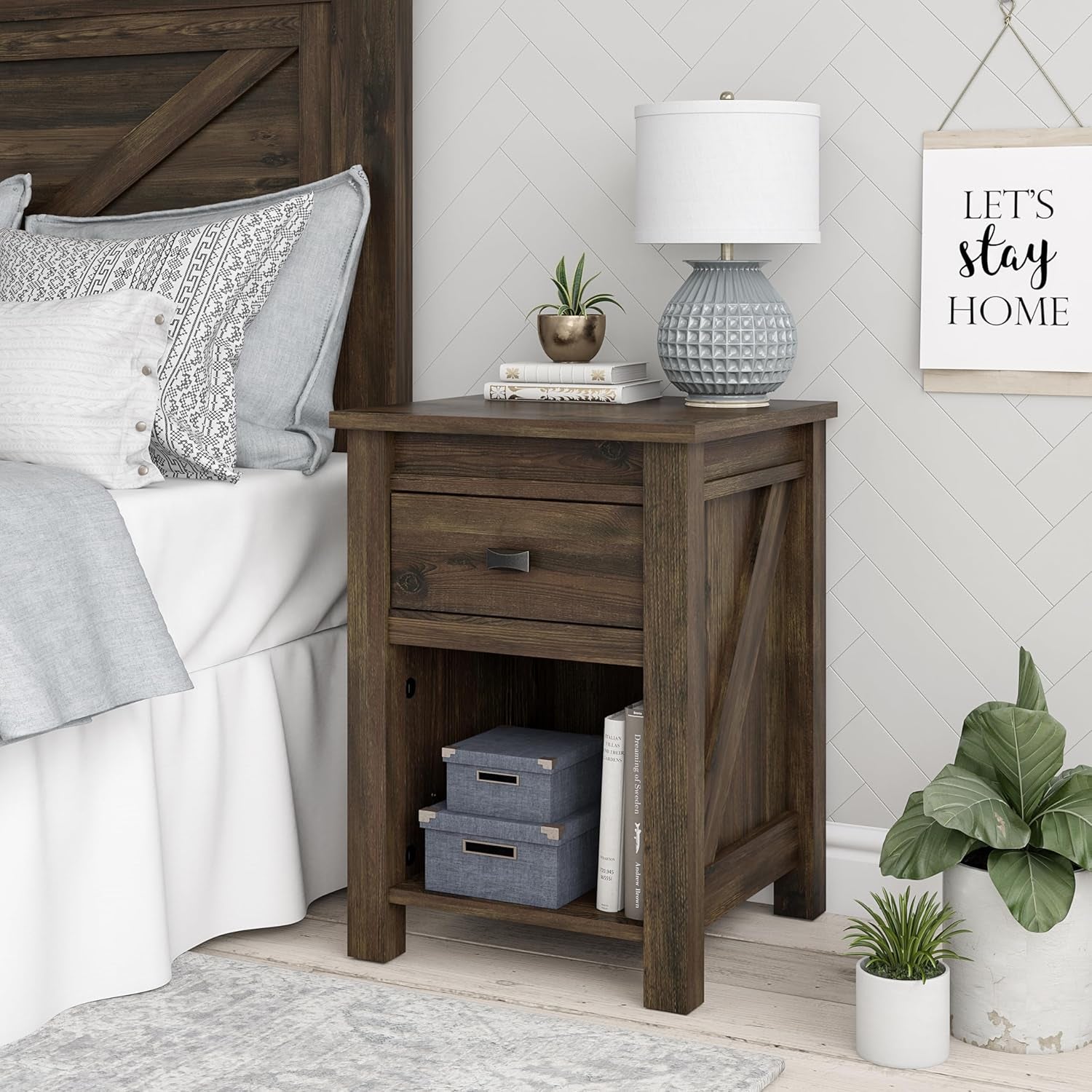 Farmington Country Style Nightstand with Barn Door Design, Concealed Drawer and Open Cubby, Textured Weathered Medium Brown Finish