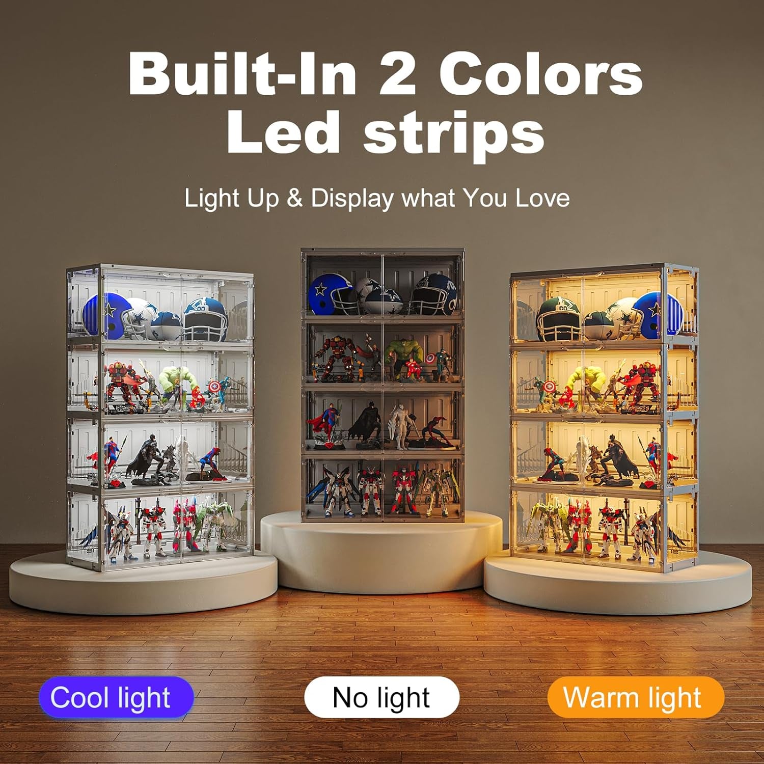 Foldable Display Cabinet, with 2 Color Lights & Infrared Sensing for Collectibles, Curio Cabinet Glass Display Case with Remote Control, Storage Cabinet,Black