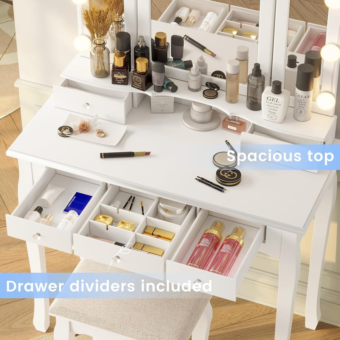 Makeup Vanity with Lights, Vanity Desk with Lighted Mirror and Stool, Vanity Table Set with 5 Drawers, 3 Light Settings, Adjustable Brightness, White