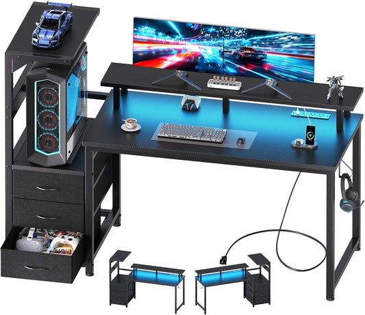 L Shaped Gaming Desk with Shelves Storage Drawers 52'', Black Computer Desks with LED Lights Power Outlets, Office Wood Table with PC Stand Cable Management for Bedroom Dual Monitor Streaming