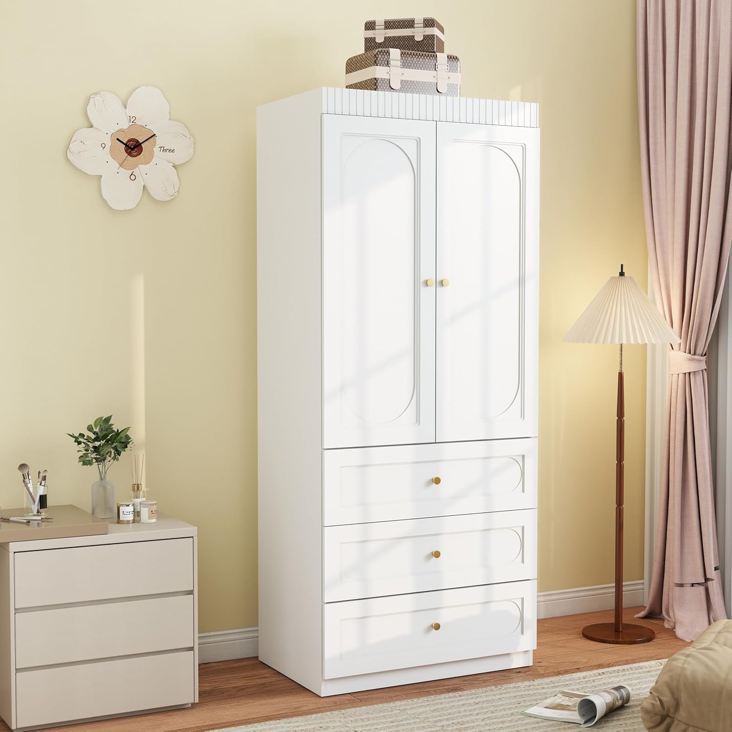 Wooden Wardrobe Closet with Doors: 75" Tall White Armoire Wardrobe Closet with 3 Drawers and 2 Doors, Modern Clothes Cabinets for Bedroom Armoires with Hanging Rod (3-Drawers, 31.5")