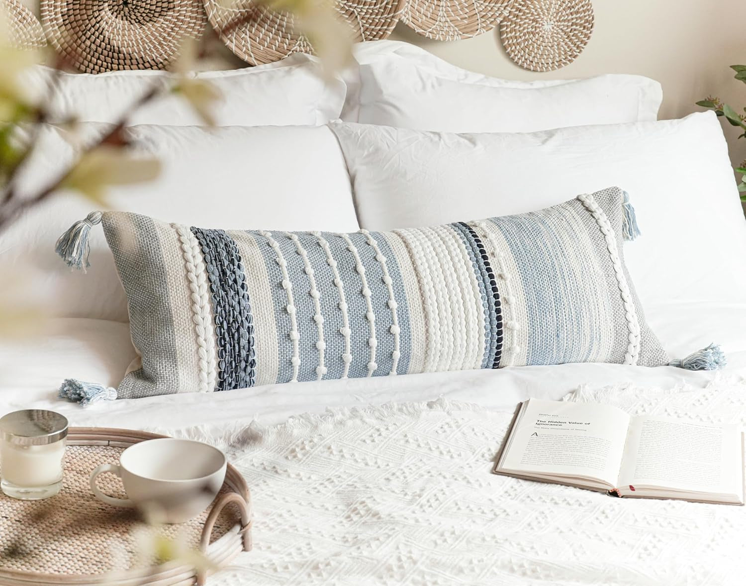 Coastal Blue Decorative Lumbar Pillow Cover 14X36 Boho Long Body Pillow for Bed Farmhouse Lumbar Throw Pillow for Couch Modern Accent Textured Throw Pillowcase