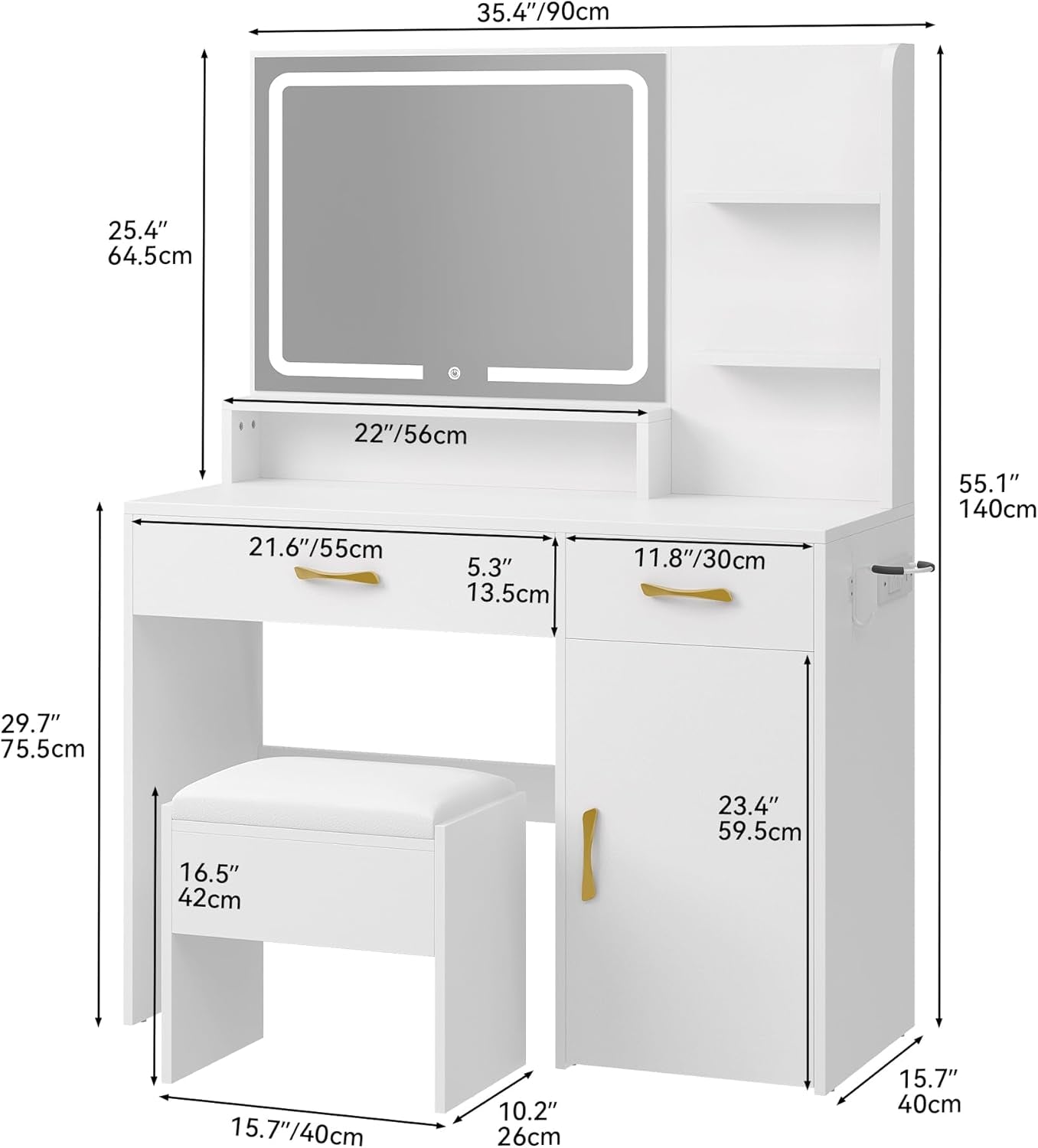 Vanity Desk with LED Lighted Mirror, Makeup Vanity Set with Power Strip, Drawers, Cabinet, Shelves, and Stool, Stylish White Vanity for Dressing Room