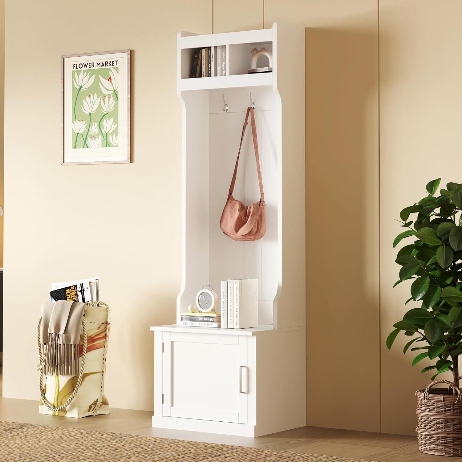 Minimalist Slim Hall Tree with Shoe Bench and 6 Hanging Hooks,Multi-Functional Entryway Coat Rack with Cabinet,Tall Hall Tree for Hallway,Living Room(White)