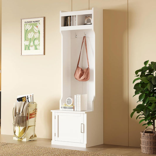 Minimalist Slim Hall Tree with Shoe Bench and 6 Hanging Hooks,Multi-Functional Entryway Coat Rack with Cabinet,Tall Hall Tree for Hallway,Living Room(White)