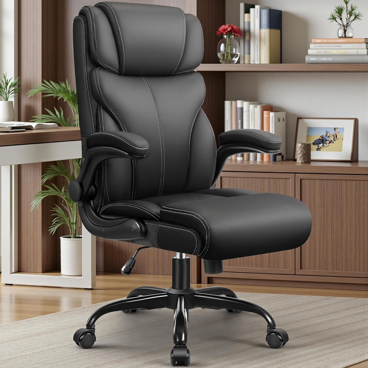 PU Leather Executive Office Chair, Ergonomic Mid-Back Computer & Gaming Chair with Adjustable Height, Rolling Swivel & Flip-Up Armrests, Comfy Padded Seat for Home Office-Brown