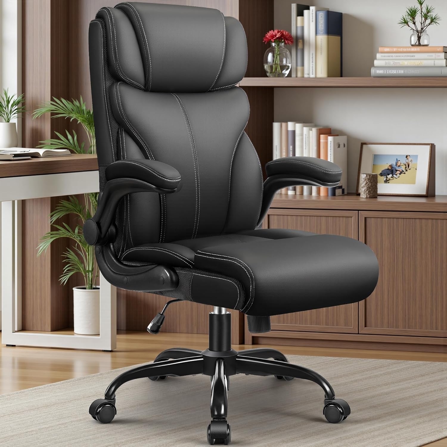 PU Leather Executive Office Chair, Ergonomic Mid-Back Computer & Gaming Chair with Adjustable Height, Rolling Swivel & Flip-Up Armrests, Comfy Padded Seat for Home Office-Brown