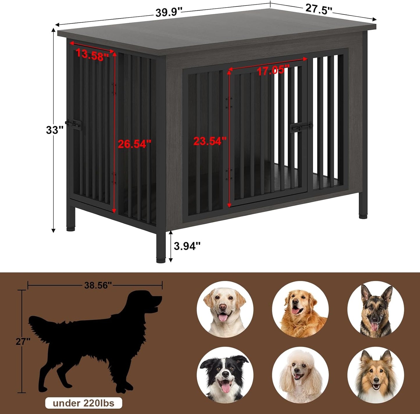 Dog Crate Furniture for 1 or 2 Dogs, Heavy Duty Single/Double Dog Crates for Small/Medium/Large Dogs, Dog Kennel Furniture Indoor as TV Stand, Large Size 39.96" L(35-60 Pounds), Dark Grey