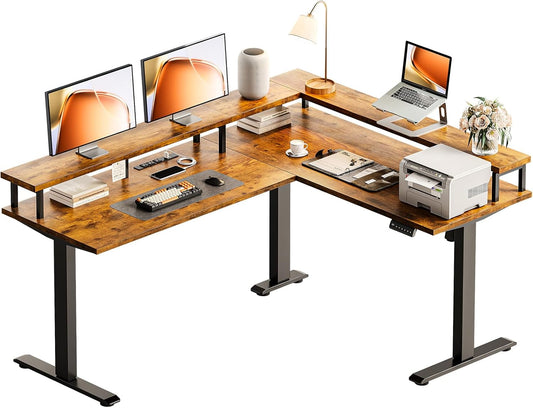Electric L Shaped Standing Desk, 59 Inch Height Adjustable Stand up Desk with Power Outlets ＆ Full Monitor Stand, Reversible Corner Desk for Home Office ＆ Computer Workstation, Rustic Brown