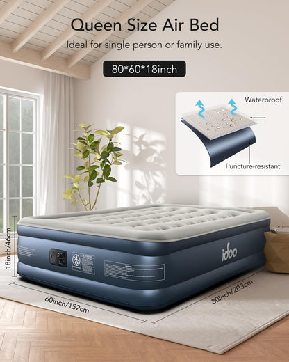 Queen Air Mattress with Built in Pump, 18 Raised Comfort Inflatable Blow up Mattress, Upgraded Four Chamber Portable Air Bed for Camping, Guests and Home, Colchon Inflable, 650 Lbs Max