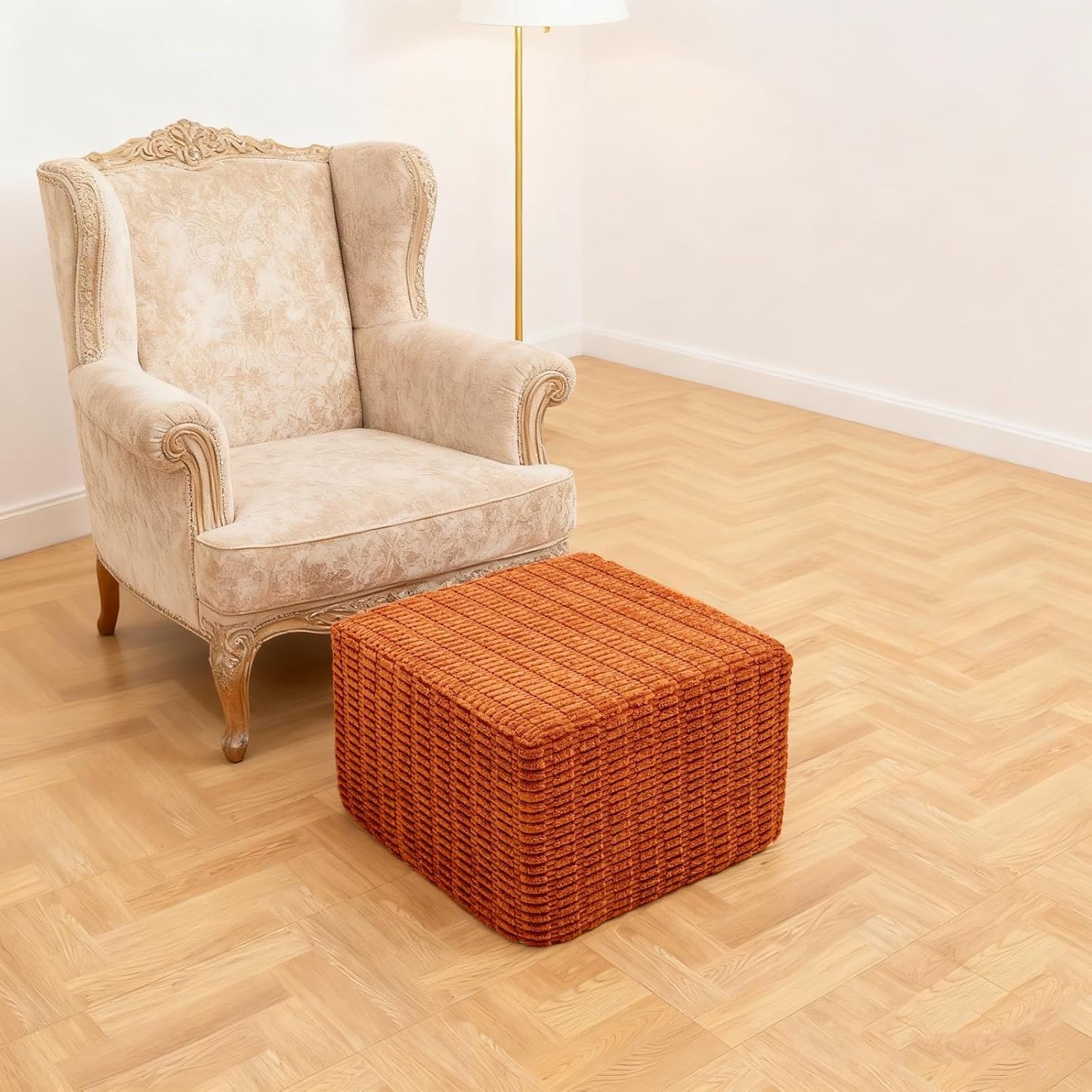 round Square Pouf Ottoman Foot Rest – Lightweight Modern Footstool with Plush Foam Filling, Perfect for Living Room Decor & Cozy Comfort – 20X20X14 Inch Chic Accent Piece (Burnt Orange)