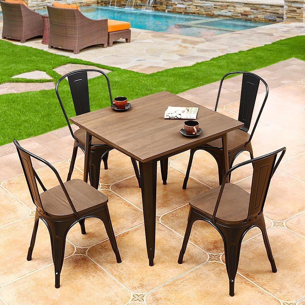 Metal Dining Chairs Set of 4, Industrial Stackable Kitchen Chairs with Wood Top Seat for Dining Room/Restaurant/Bistro/Patio, Indoor & Outdoor Use, Black
