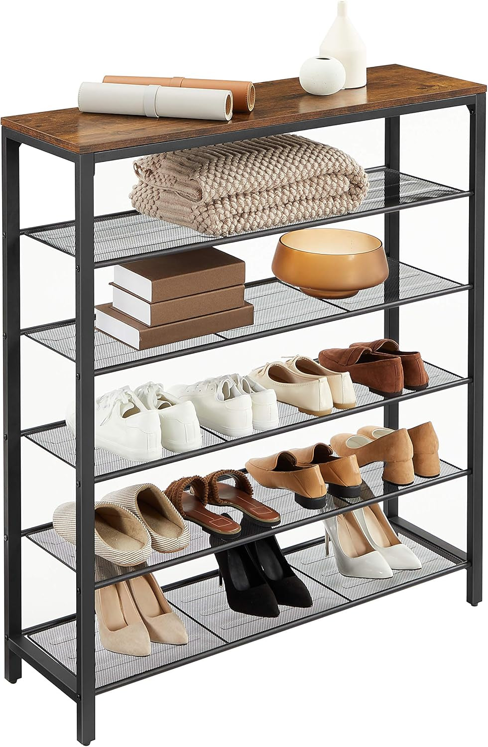 INDESTIC Shoe Rack, Shoe Organizer for Closet with 4 Mesh Shelves and Large Top for Bags, Entryway Hallway Shoe Shelf, Steel Frame, Industrial, Honey Brown and Black ULBS015B05