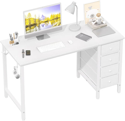 White Computer Desk with Drawers, 47 Inch Reversible Study Work Writing Desk for Home Office Bedroom, Simple Modern Cute PC Desks with Fabric Drawer, White