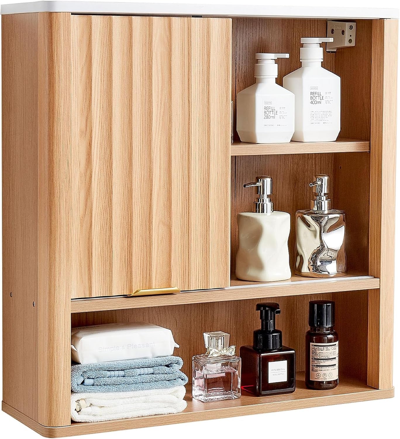 Bathroom Wall Cabinet, with Door and Adjustable Shelf, over the Toilet Storage Medicine Cabinet Wall Mounted, Hanging Organizer with Shelves and Open Partition for Laundry Room Kitchen Restroom