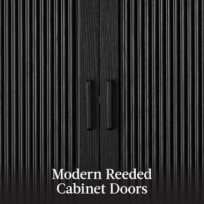 72" Tall Arched Pantry Cabinet W/Reeded Doors, 5-Tier Bookshelf, Armoire, Hutch, Bookcase, Storage Cabinet W/Adjustable Shelves, for Dining Room and Livingroom - Black Oak