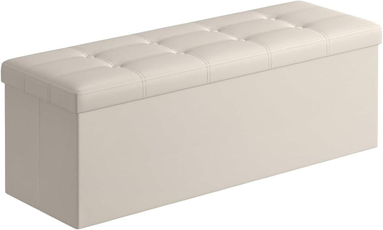 MAZIE Collection - 43 Inches Folding Storage Ottoman Bench, Ottoman with Storage, Foot Rest Stool, Load 660 Lb, for Living Room, Synthetic Leather, Black ULSF701