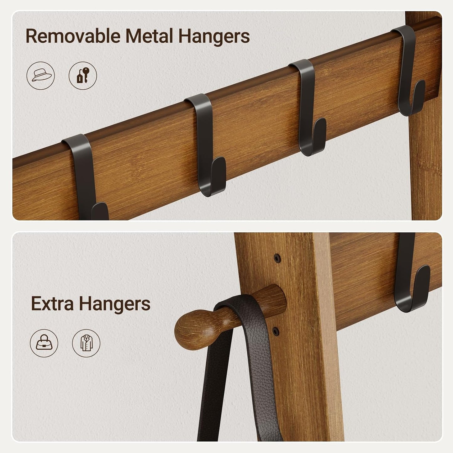 Blanket Ladder, 5-Tier Farmhouse Wooden Rack with Synthetic Leather Pocket, 4 Removable Hooks, Decorative Leaning Ladder Shelf, Walnut