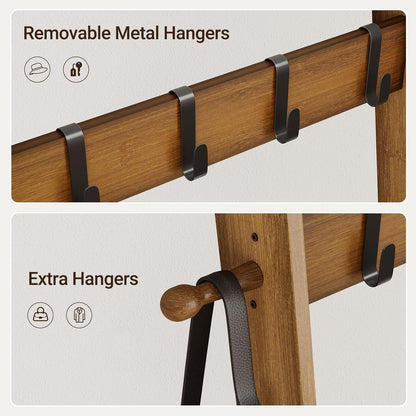 Blanket Ladder, 5-Tier Farmhouse Wooden Rack with Synthetic Leather Pocket, 4 Removable Hooks, Decorative Leaning Ladder Shelf, Walnut