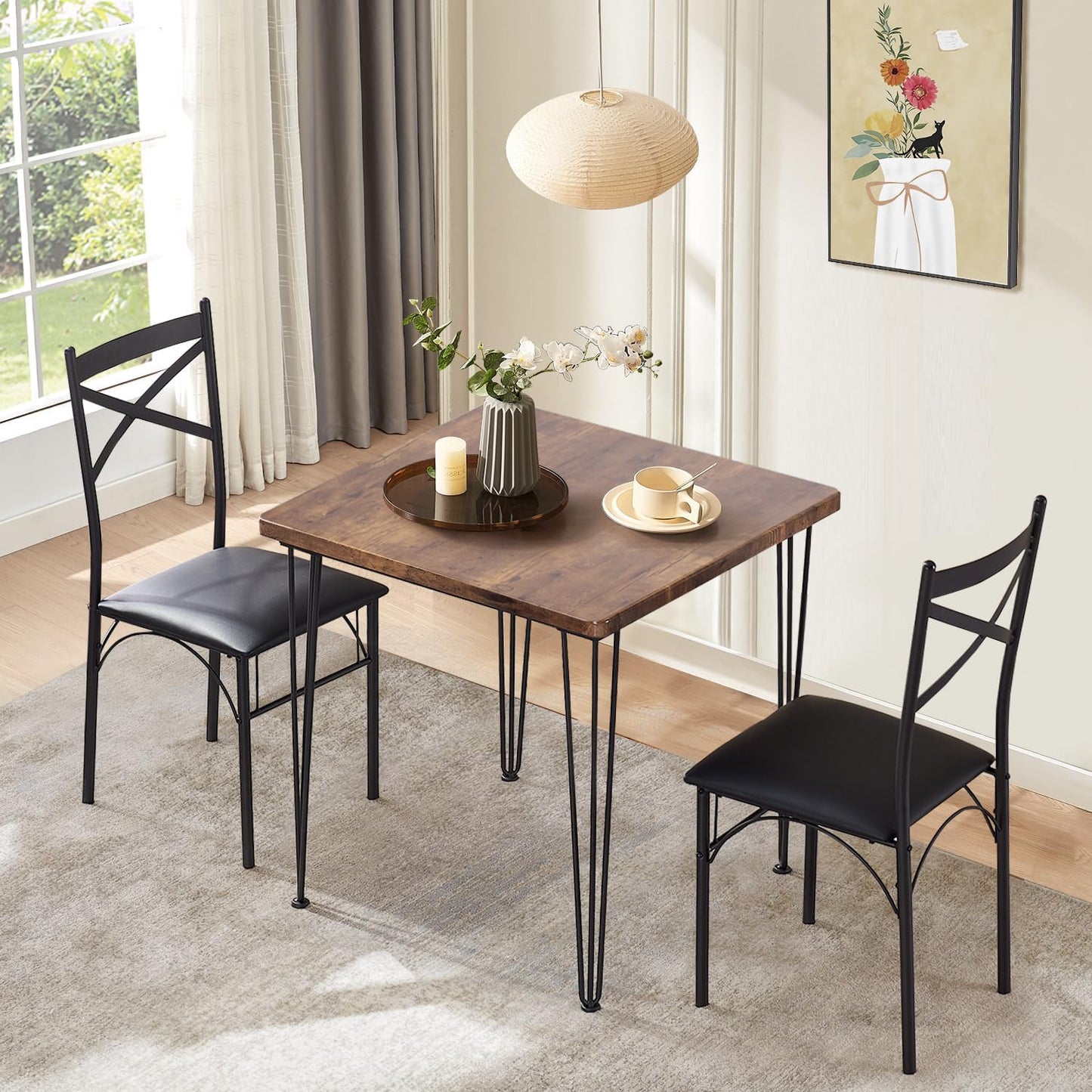3-Piece Dining Room Kitchen Table and Pu Cushion Chair Sets for Small Space, 2, Classic Brown,Dining Set for 2