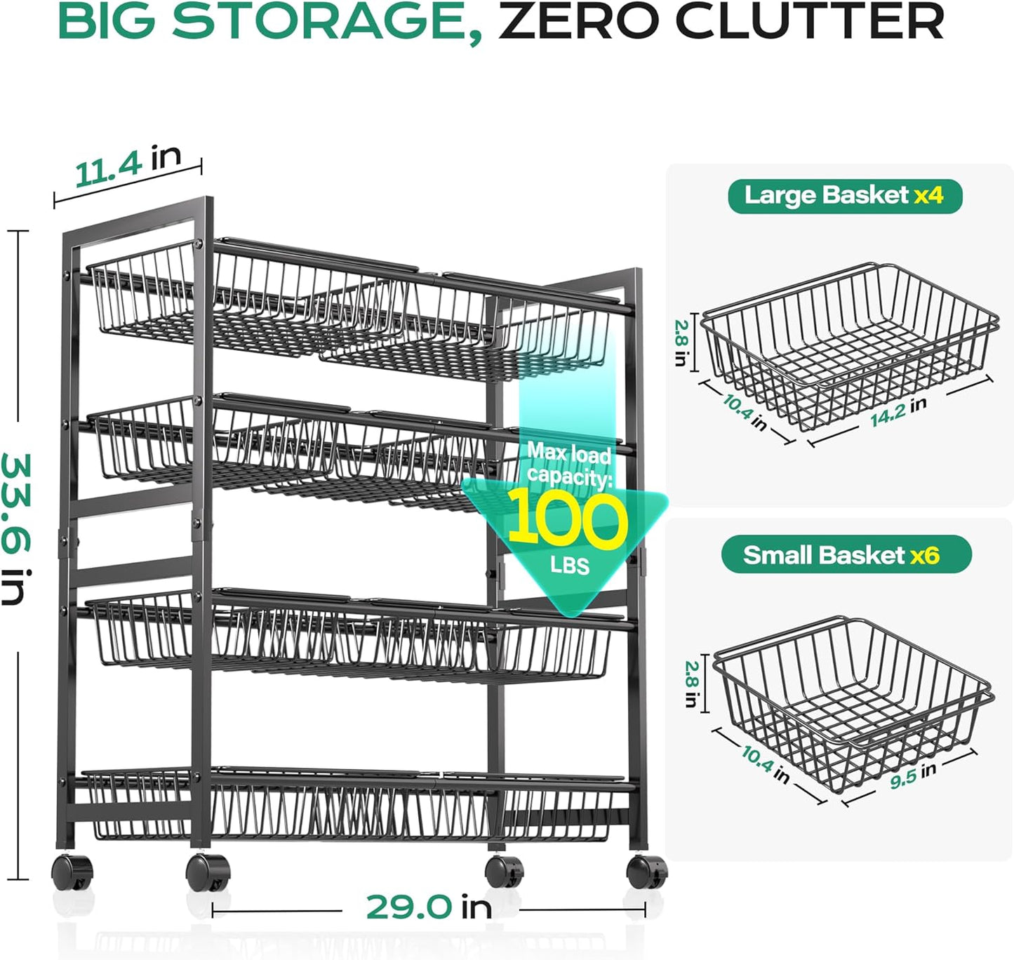 4-Tier Snack Cart with Wheels, 29''W Toy Storage Organizer, Rolling Pantry Storage Cart with 10 Wire Baskets & Handle,Adjustable Metal Snack Rack, Kitchen Organizer for Fruit, Vegetables(Black)