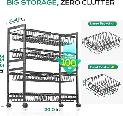 4-Tier Snack Cart with Wheels, 29''W Toy Storage Organizer, Rolling Pantry Storage Cart with 10 Wire Baskets & Handle,Adjustable Metal Snack Rack, Kitchen Organizer for Fruit, Vegetables(Black)