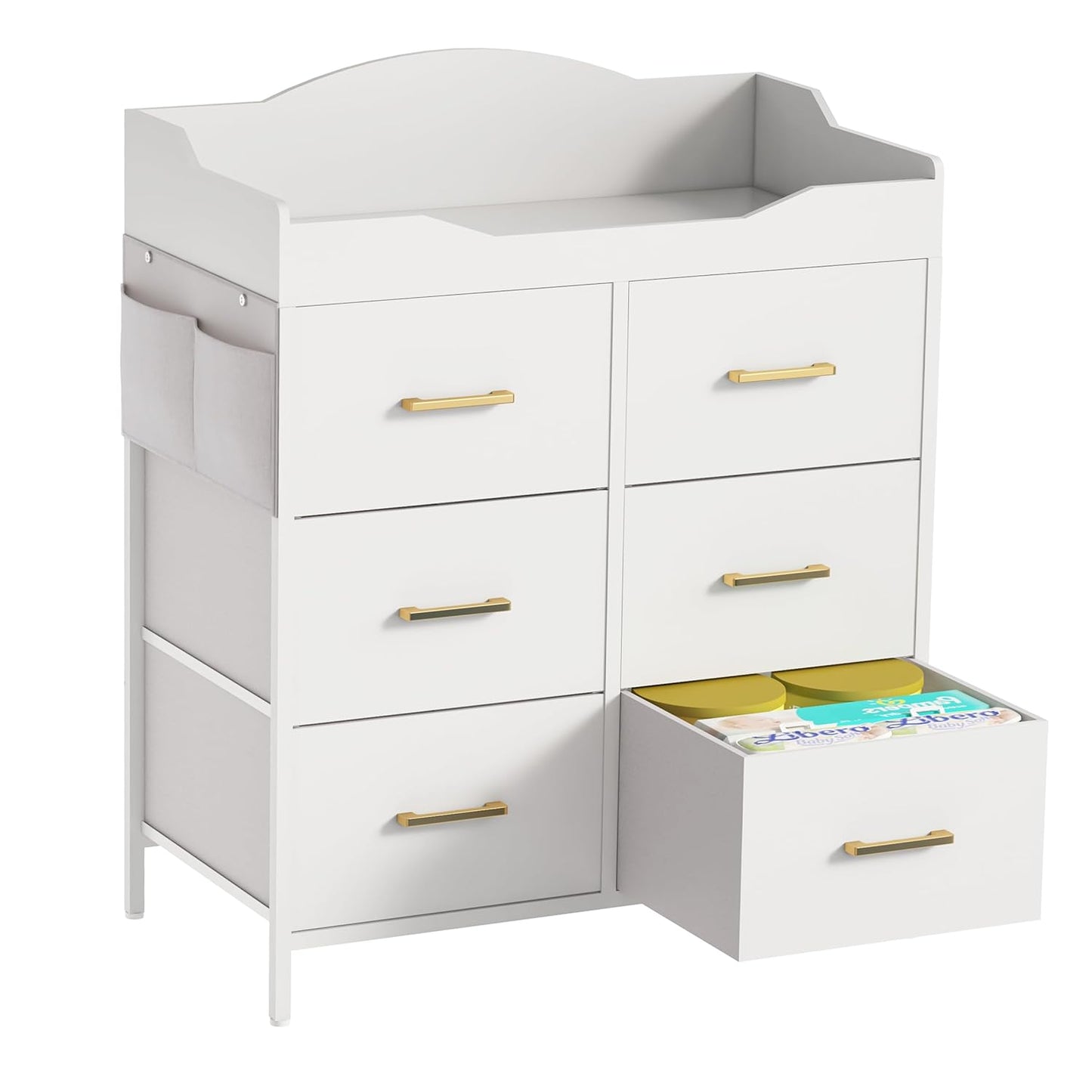 White Changing Table Dresser with 6 Fabric Drawers and Side Pockets, Nursery Dresser with Changing Top, Baby Dresser with Drawers, Diaper Changing Station for Nursery and Bedroom