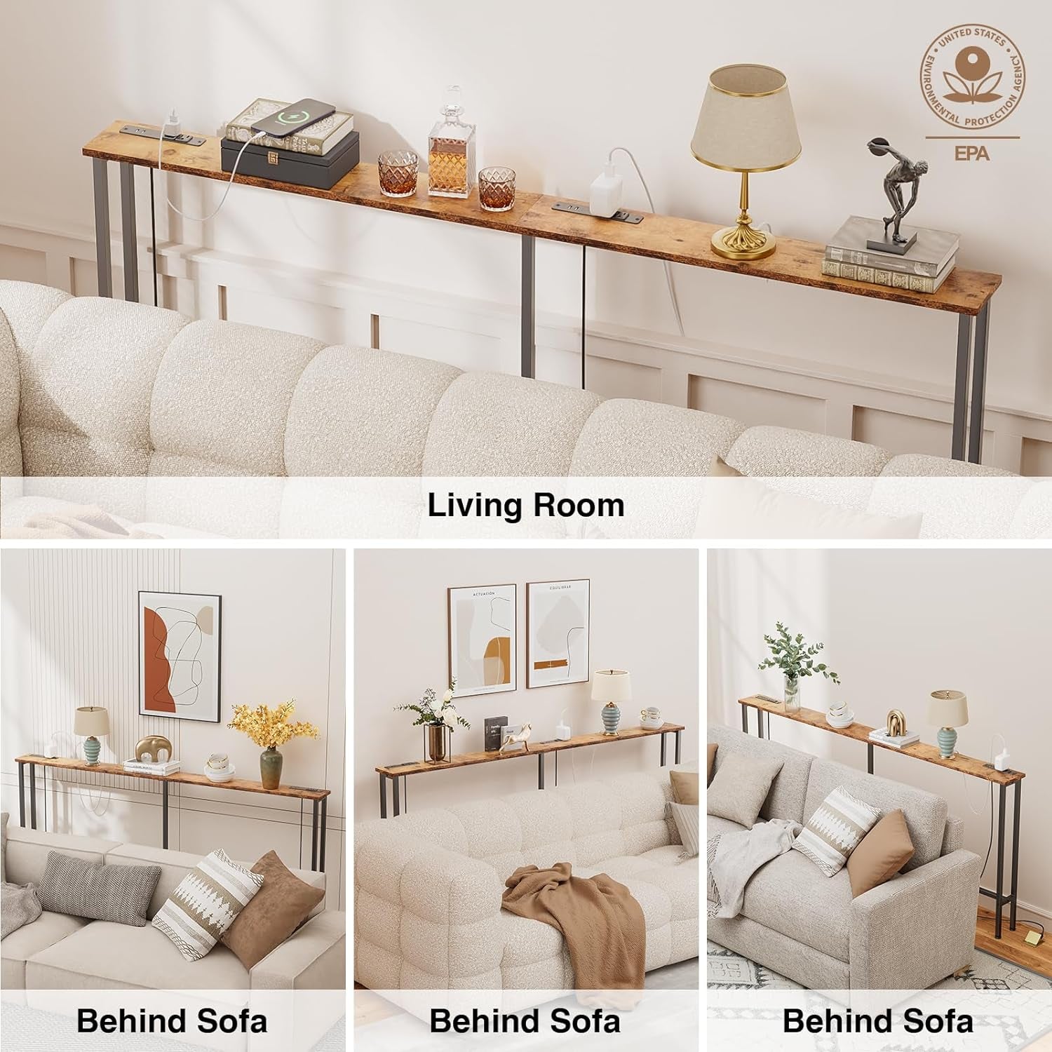 70" Narrow Console Sofa Table - 2 Power Outlets & 4 USB Ports, Metal Frame, Rustic Brown, Perfect for Hallway, Office, and behind Sofa - Easy Assembly, 4.9' Extension Cord Included