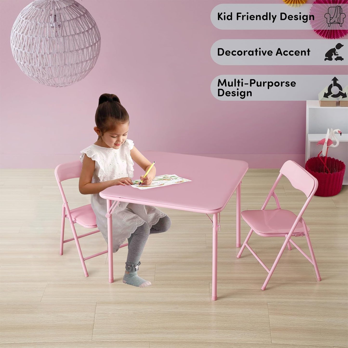 Heritage Kids Pink Kids Activity Table and Chair Set,3-Piece Furniture Set with 1 Square Table & 2 Folding Chairs, Playroom Table Set for Ages 3+