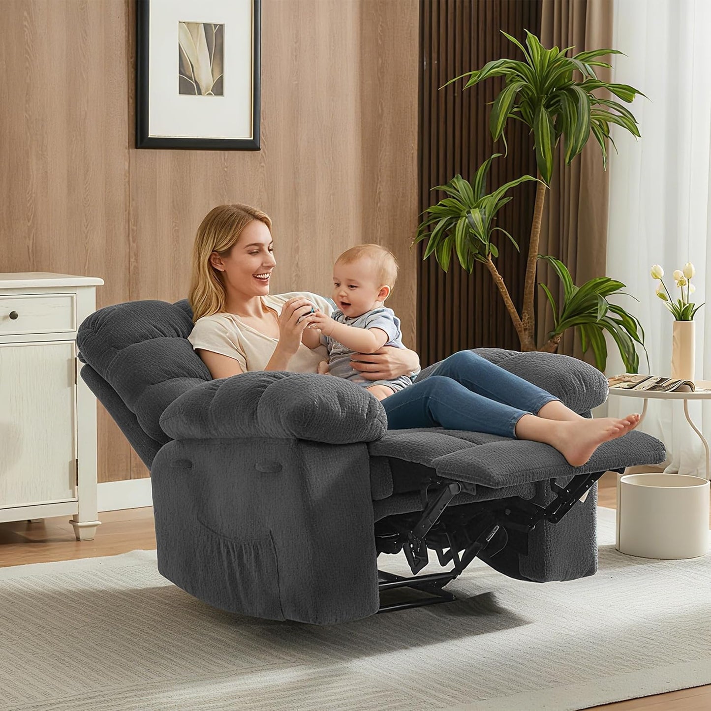 Rocking Recliner Chair,360° Swivel Rocker Chair for Living Room,Upholstered Fabric Glider Nursery Chair with Side Pockets for Small Spaces,Q235 Steel Frame Lazy Boy Recliner Single Sofa