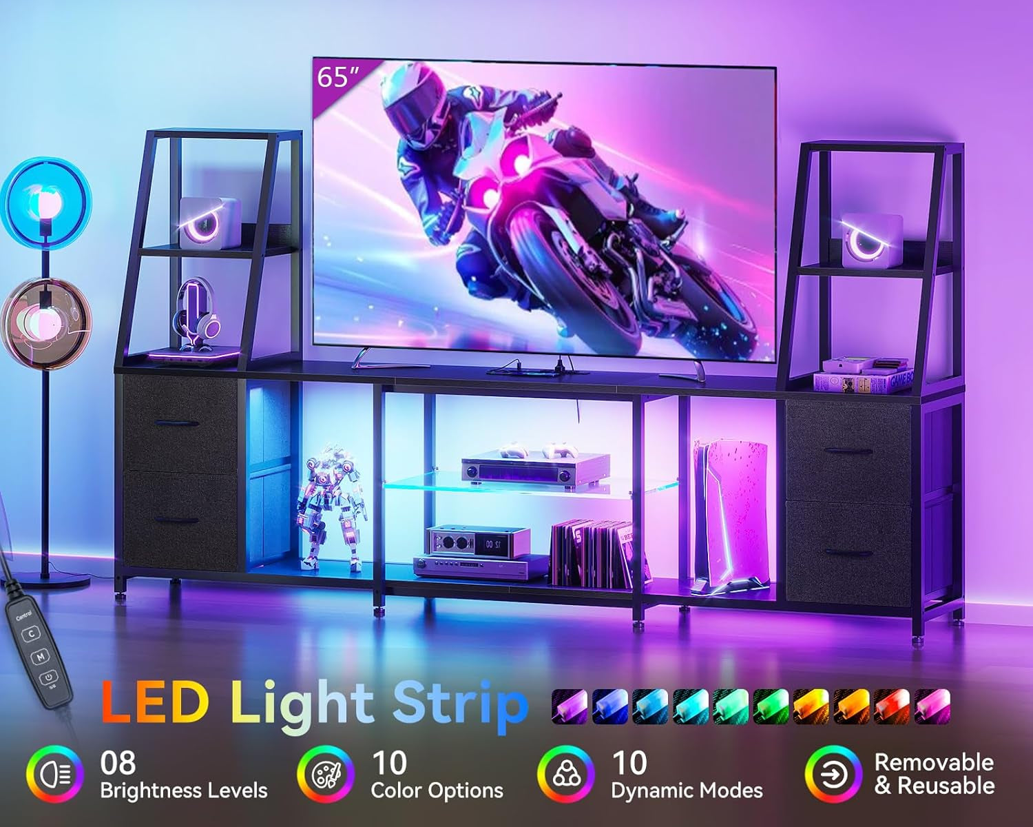 TV Stand for 40-60 Inch Tvs, Entertainment Center with LED Lights & Power Outlets, 4 Drawer Modern TV Media Console and Bookshelf TV Stand Combo for Living Room Bedroom, Black