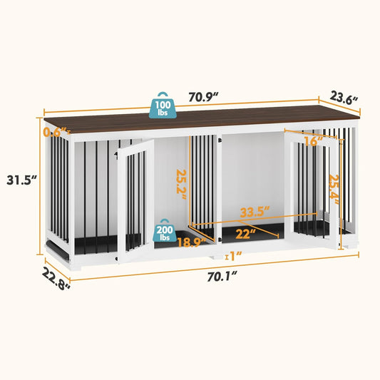 70.9" Large Double Dog Crate Furniture, Wooden Dog Kennel House with Divider & 2 Trays, for Large or 2 Medium Breeds Indoor, White