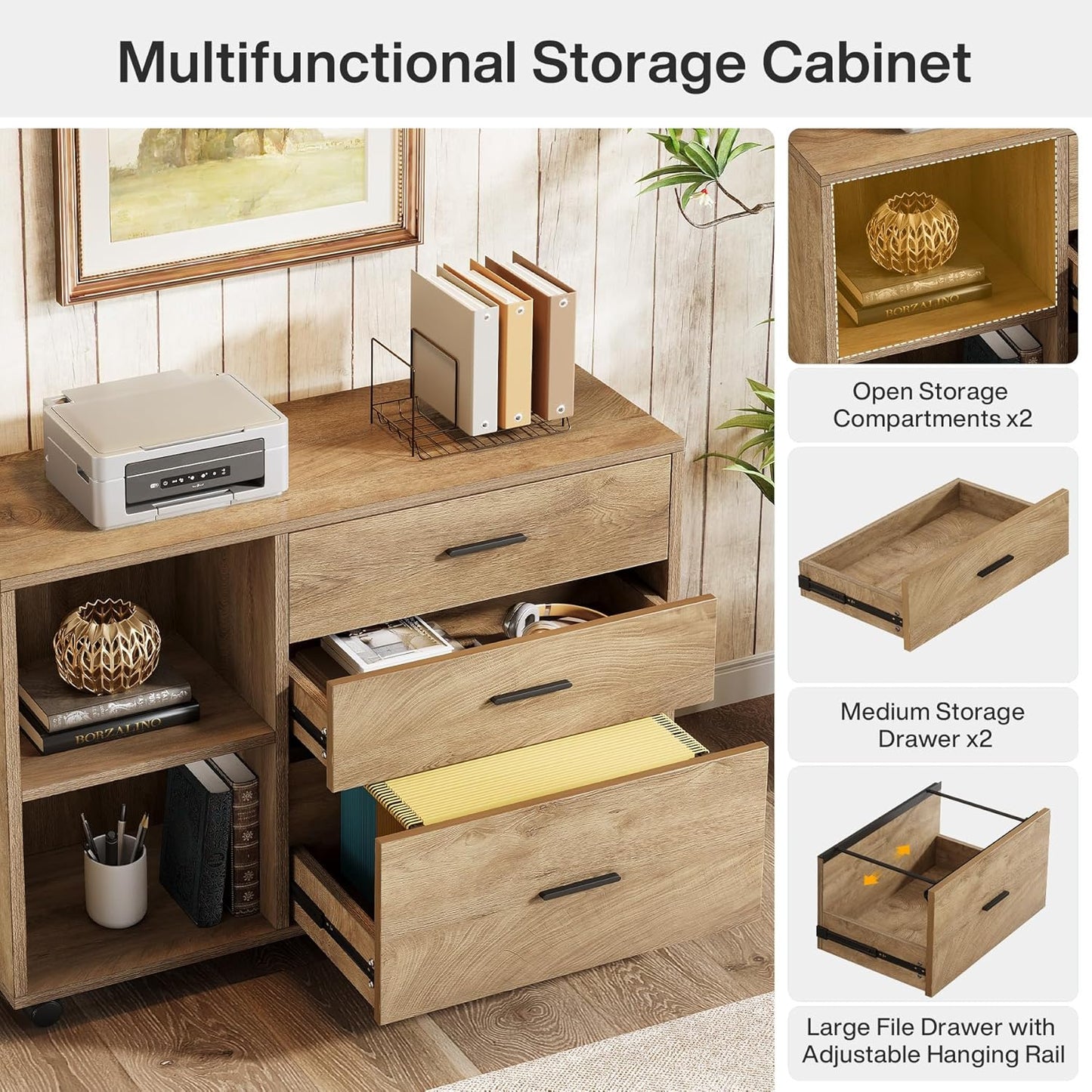 63" L Shaped Desk with Storage, Executive Office Desk with Rolling File Cabinet Combo, Large Computer Table with Drawers and Shelves, Business Furniture Set for Home Office, Brown