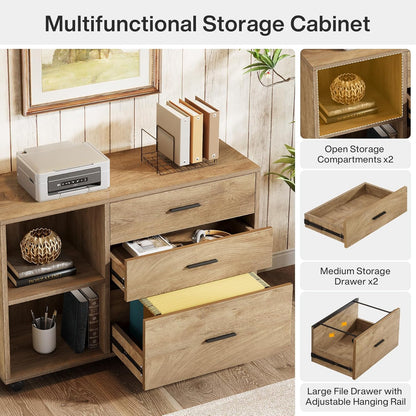 63" L Shaped Desk with Storage, Executive Office Desk with Rolling File Cabinet Combo, Large Computer Table with Drawers and Shelves, Business Furniture Set for Home Office, Brown