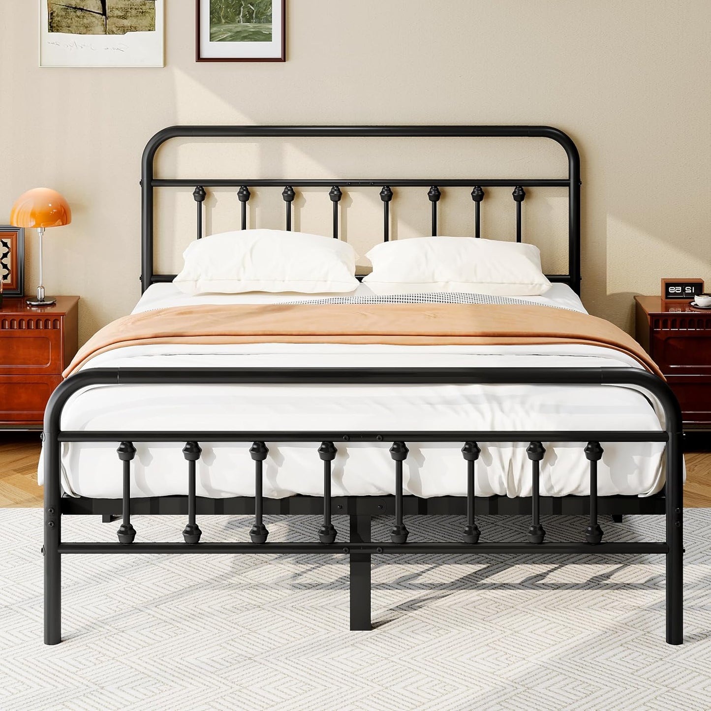 Queen Size Metal Platform Bed Frame/Victorian Style Headboard and Footboard/Steel Slat Support/Easy Assembly/No Box Spring Needed/Underbed Storage/Noise Free/Black