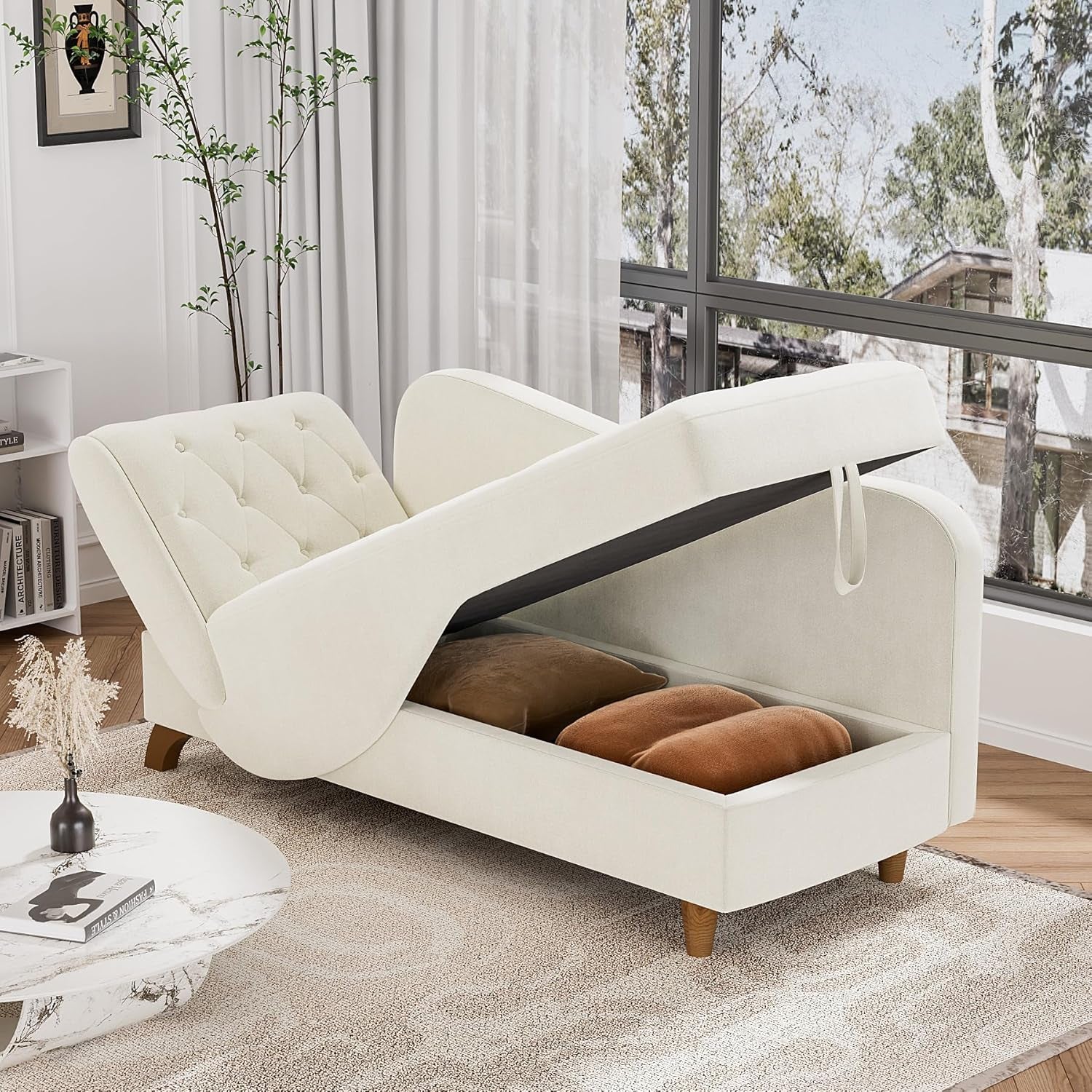 Chaise Lounge Chair Indoor with Storage, Adjustable Backrest Recling Reading Chair Sleeper Sofa Bed with Pillow, 3 in 1 Velvet Futon Lounge Chair for Living Room Bedroom, Beige White