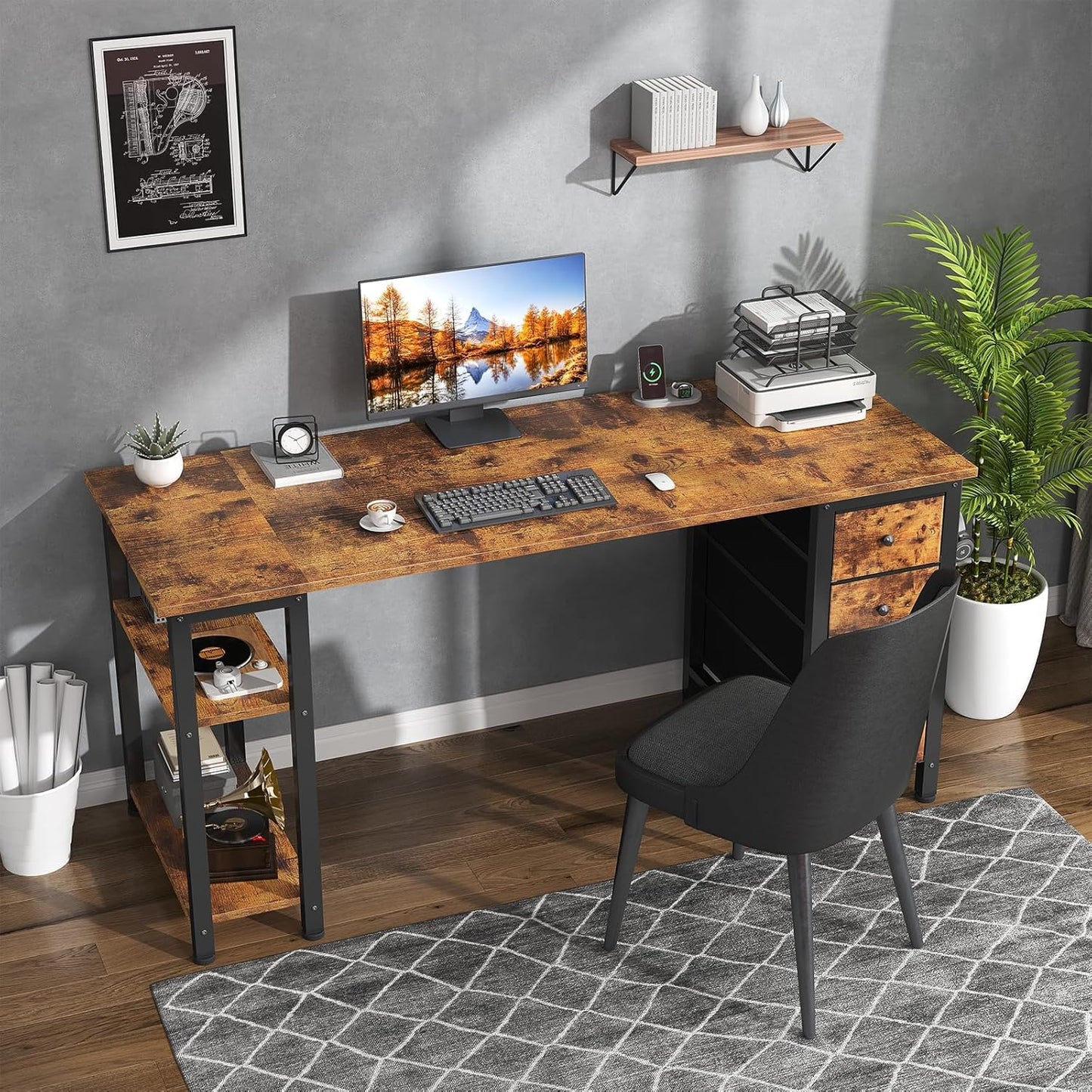 63 Inch Computer Desk with 4 Fabric Drawers & Storage Shelves, Writing Work Study Desk for Home Office Bedroom, Modern Simple Student PC Desks Table, Rustic Brown