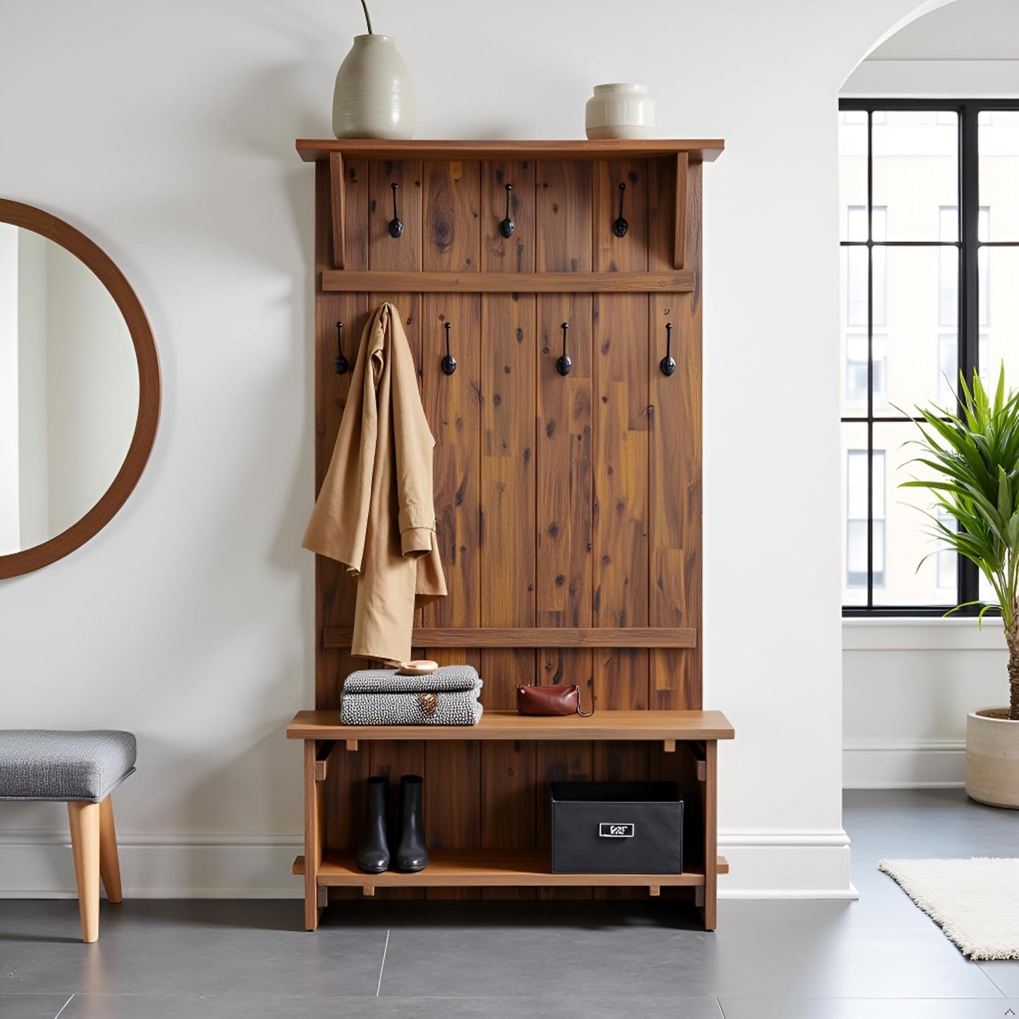 Bethel 70-Inch Acacia Wood Hall Tree with Bench, Storage Shelves & Metal Coat Hooks – Entryway Organizer for Mudroom, Hallway, or Kitchen (Natural Aged Brown Finish)