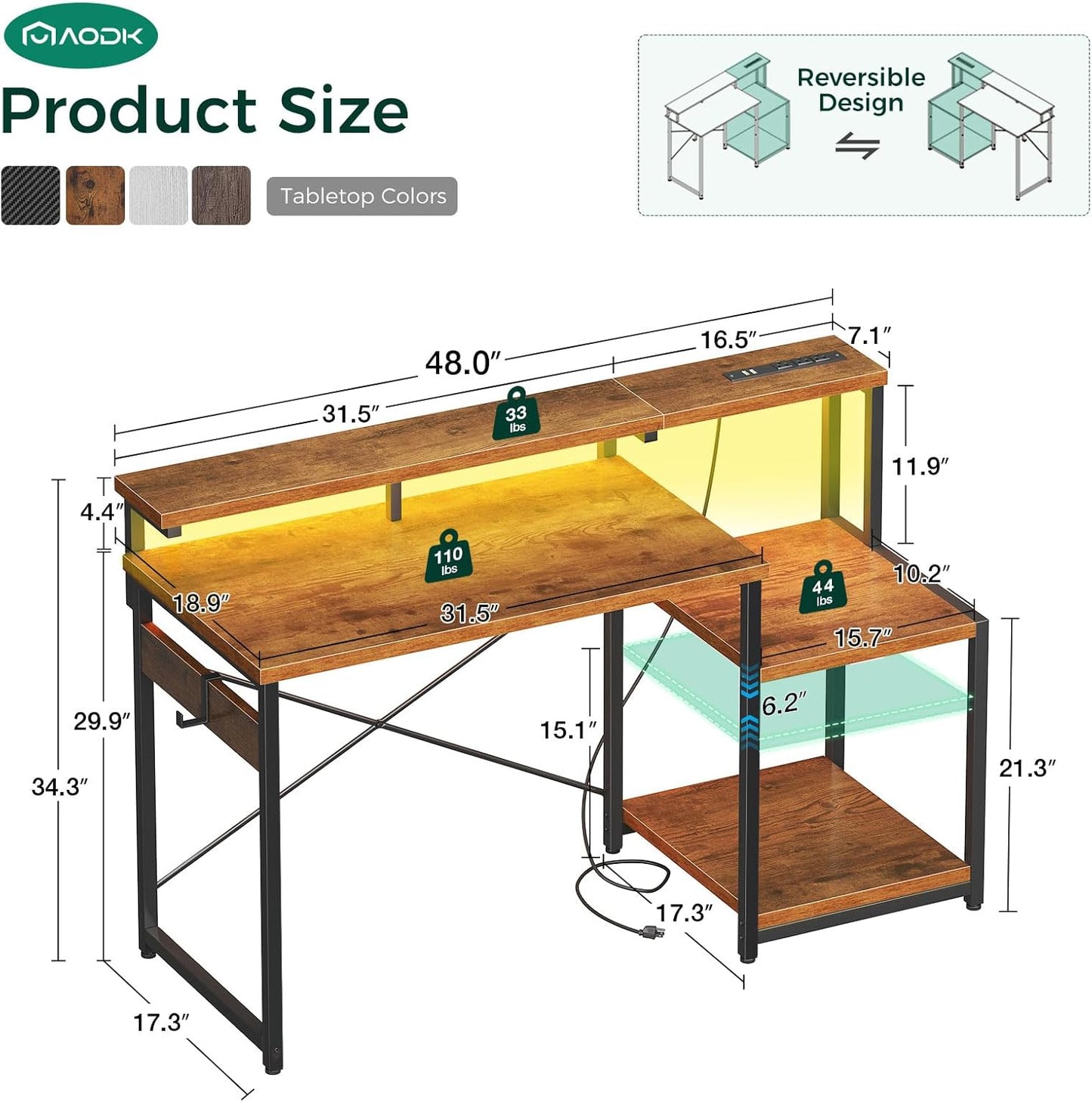 Computer Desk, 48 Inch Gaming Desk with Led Lights & Power Outlet, Office Desk with Storage Shelves, Reversible Desk with Monitor Shelf & Headphone Hook, Grey Oak