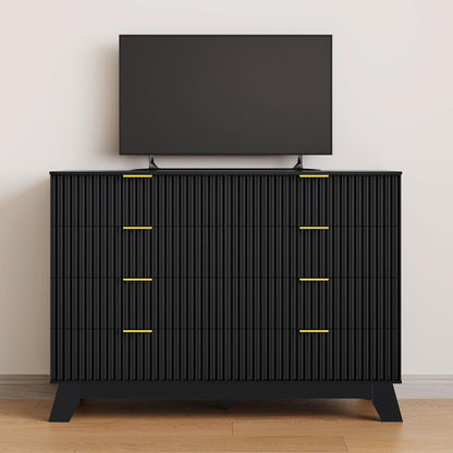 Fluted Dresser for Bedroom, 8 Drawer Dressers & Chest of Drawers, Mid Century Modern Dresser for Closet Boho Bedroom Furniture, Wooden Chests of Drawers Storage Organizer for Living Room, Black