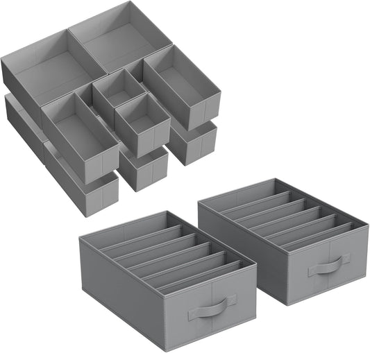 Set of 2 Large Size Clothes Organizers Bundle with Set of 12 Drawer Organizers, with Handles, Foldable, for Pants, Sweaters, Underwear, Ties, Dove Gray URUS009G02 and URDZ006G02