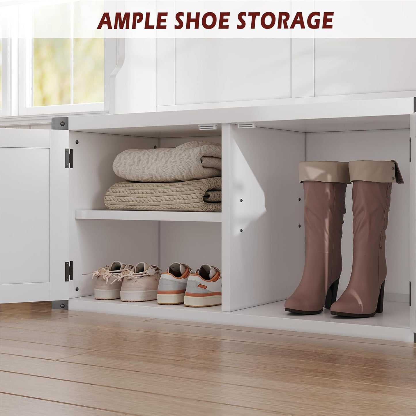76" Hall Tree with Bench and Shoe Storage, Farmhouse 4-In-1 Entryway with Coat Rack & 5 Tri-Hooks, Adjustable Shelf, White Mudroom Bench with Storage Seating, Space Saving, White
