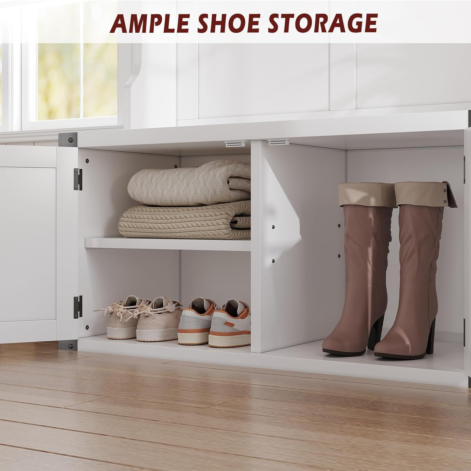 76" Hall Tree with Bench and Shoe Storage, Farmhouse 4-In-1 Entryway with Coat Rack & 5 Tri-Hooks, Adjustable Shelf, White Mudroom Bench with Storage Seating, Space Saving, White