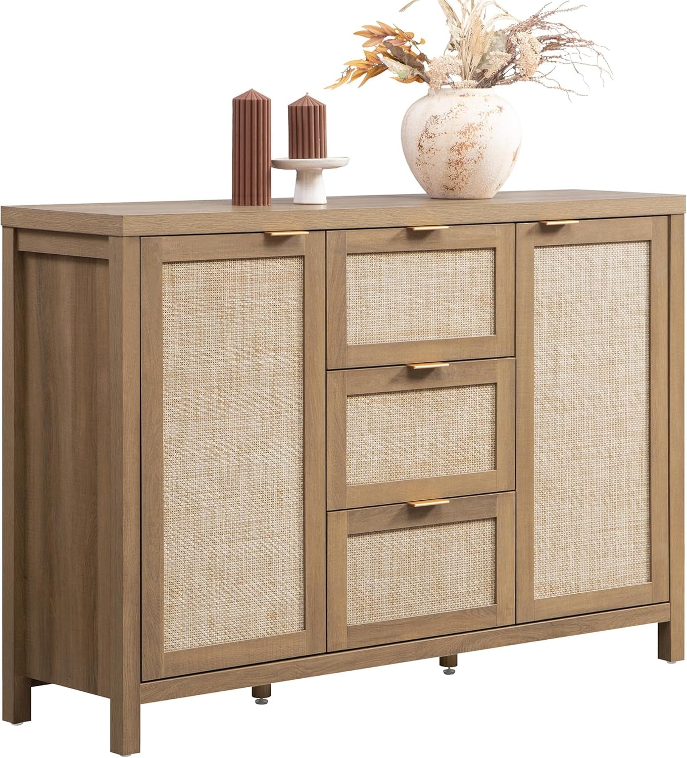 Rattan Sideboard Buffet Cabinet with Storage - 52" Larger Farmhouse Credenza Storage Coffee Bar Cabinet with 3 Drawers & 2 Doors, Boho Console Table for Living Room, Kitchen, Caramel Oak